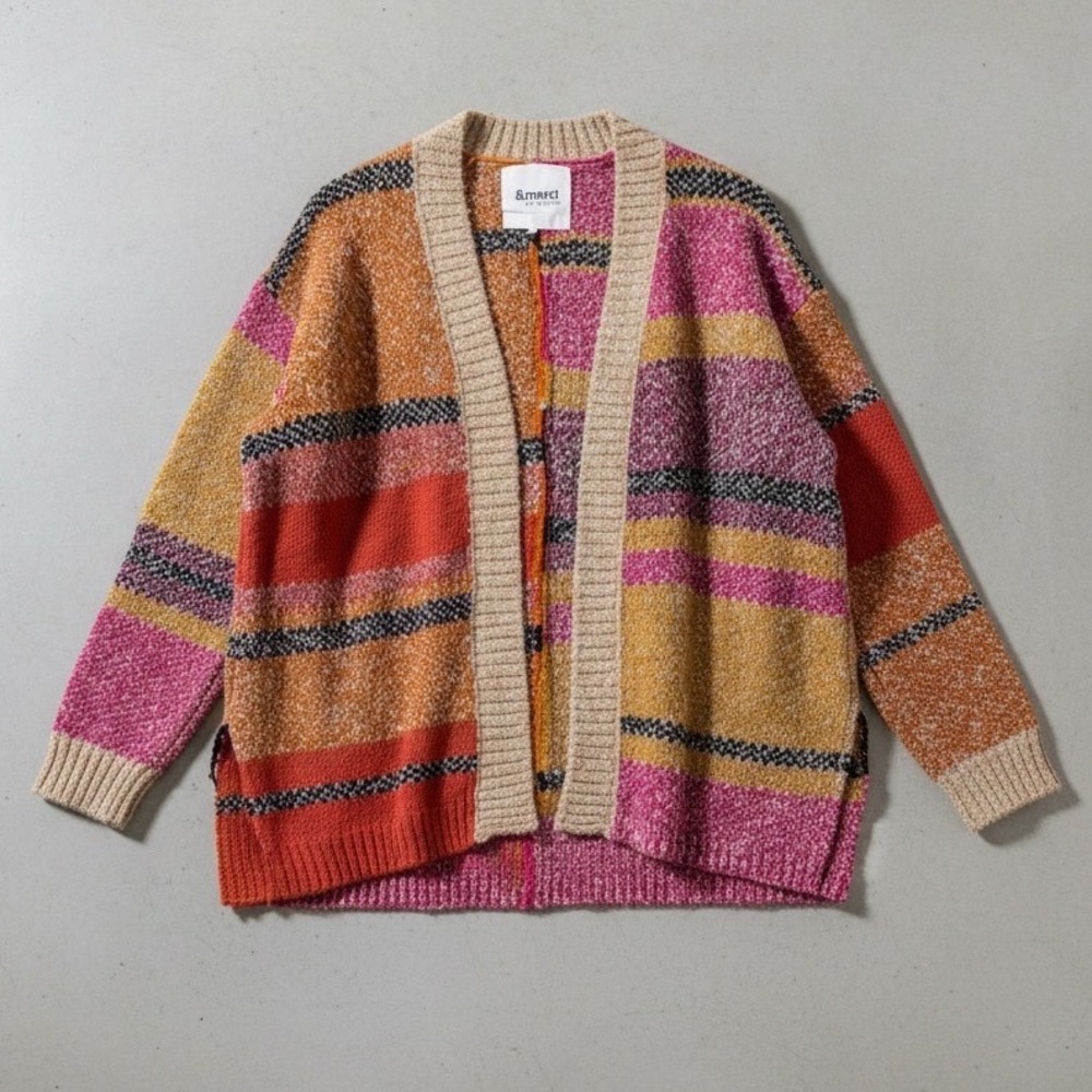 & merci Oversized Cardigan Boho Open Striped Multicolor Knit Sweater Cozy Medium